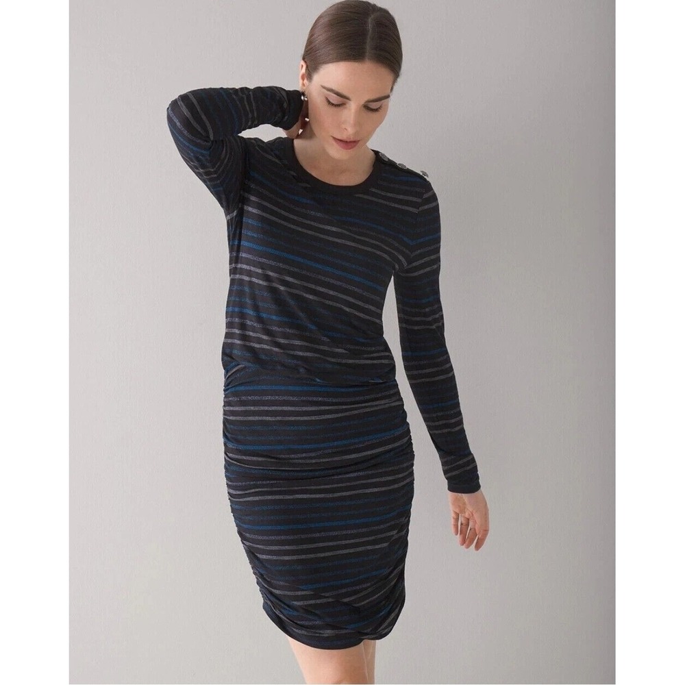 White House Black Market WHBM dress womens XS black blue striped stretch buttons